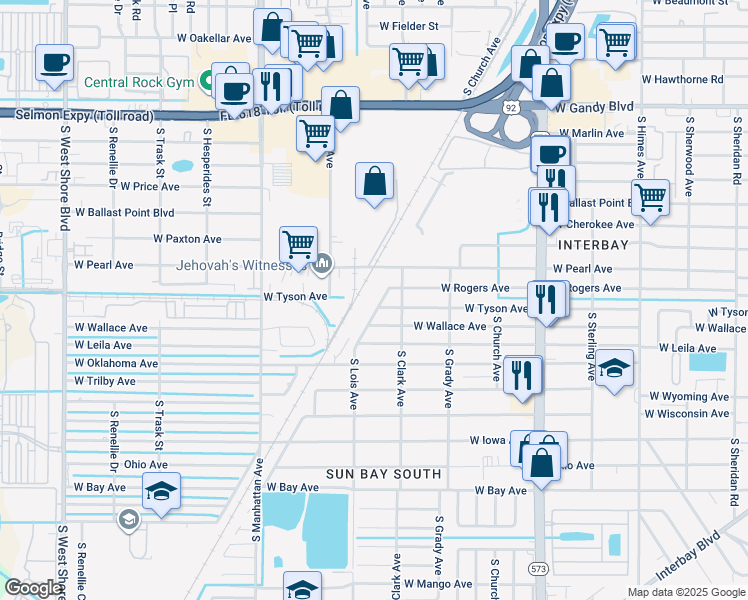 map of restaurants, bars, coffee shops, grocery stores, and more near 5307 South Lois Avenue in Tampa