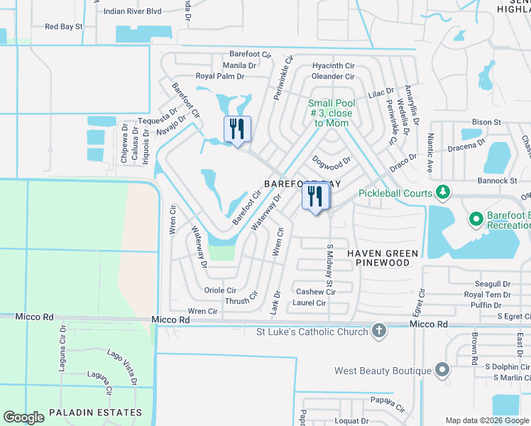 map of restaurants, bars, coffee shops, grocery stores, and more near 781 Lark Drive in Sebastian