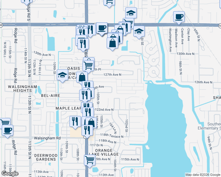 map of restaurants, bars, coffee shops, grocery stores, and more near 12436 104th Street in Largo