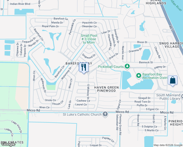 map of restaurants, bars, coffee shops, grocery stores, and more near 802 Beech Court in Sebastian
