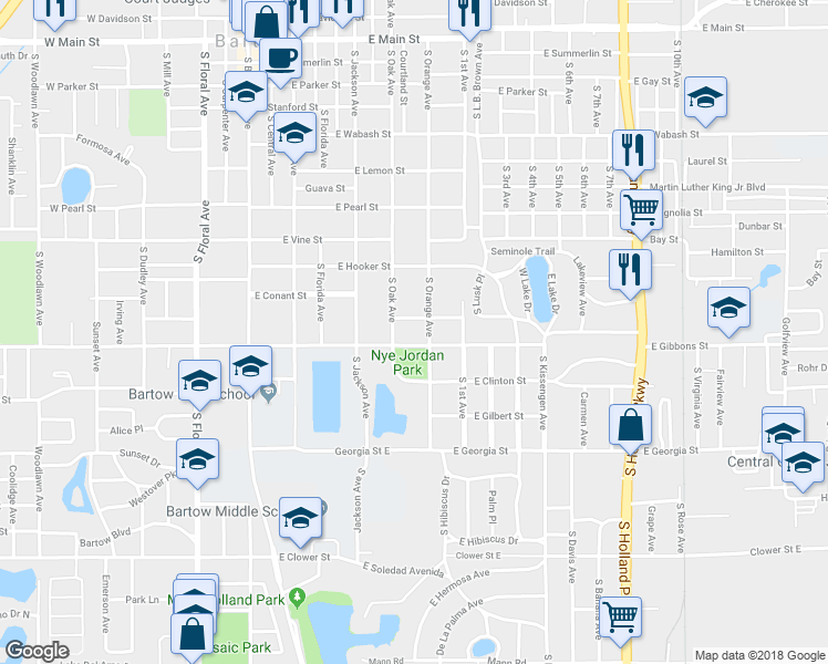 map of restaurants, bars, coffee shops, grocery stores, and more near 750 East Stuart Street in Bartow