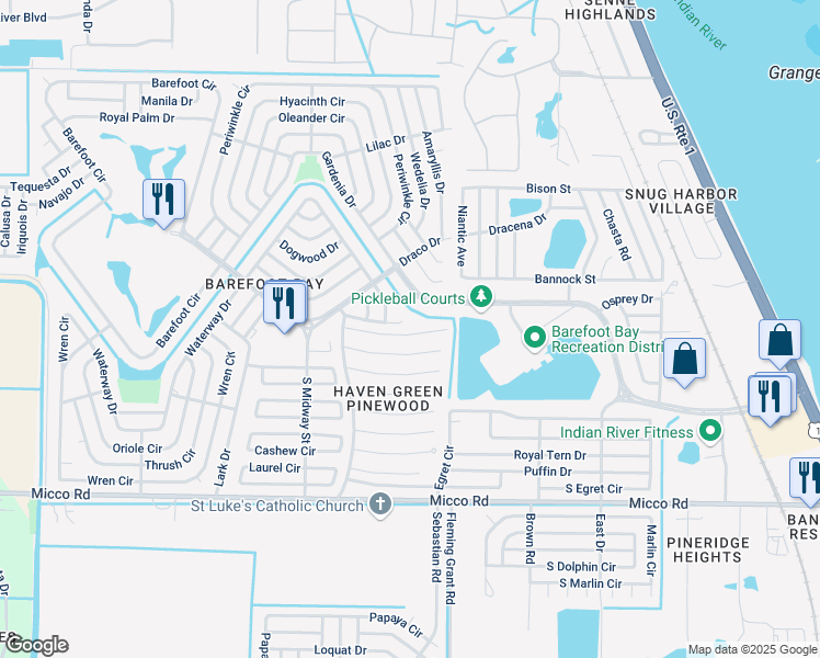 map of restaurants, bars, coffee shops, grocery stores, and more near 912 Fir Street in Micco