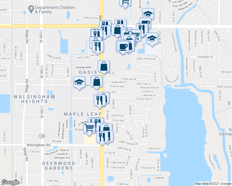 map of restaurants, bars, coffee shops, grocery stores, and more near 10472 125th Avenue in Largo