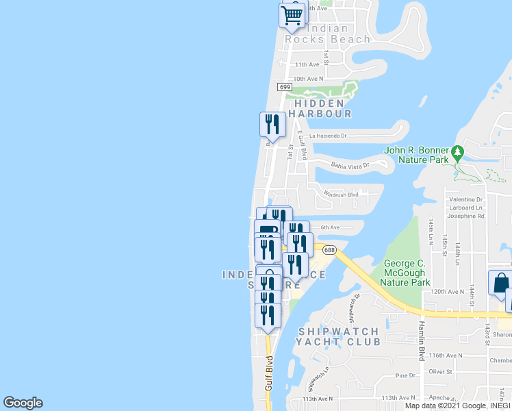 map of restaurants, bars, coffee shops, grocery stores, and more near 610 Gulf Boulevard in Indian Rocks Beach