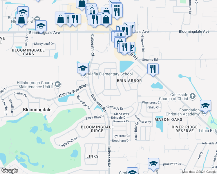 map of restaurants, bars, coffee shops, grocery stores, and more near 3723 Eaglewood Street in Valrico