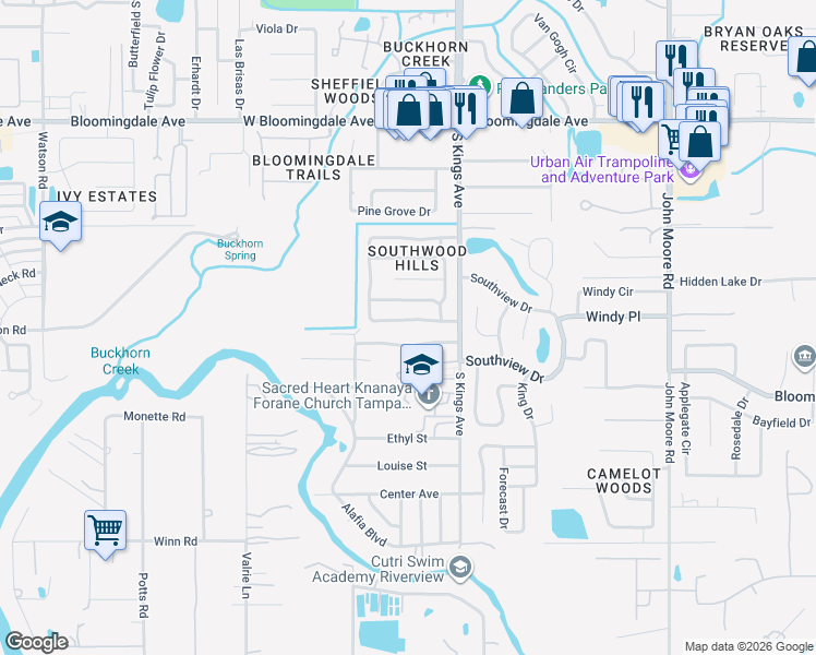 map of restaurants, bars, coffee shops, grocery stores, and more near 3723 Coppertree Circle in Brandon