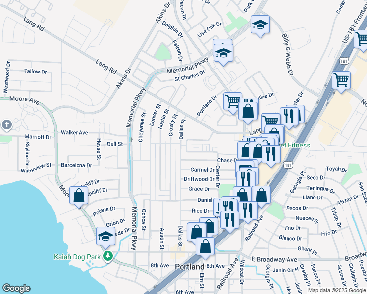map of restaurants, bars, coffee shops, grocery stores, and more near 1610 Dallas Street in Portland