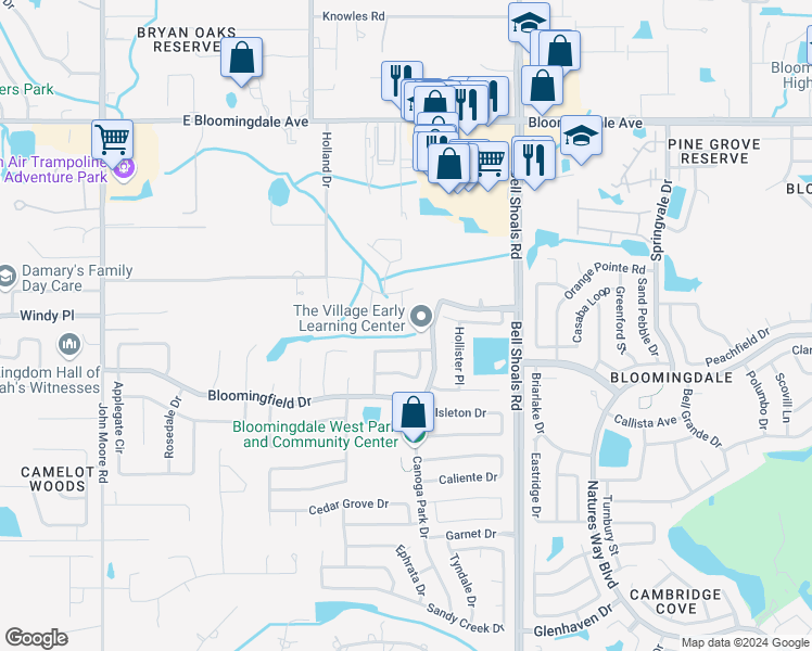map of restaurants, bars, coffee shops, grocery stores, and more near 3507 Misty Oak Place in Brandon