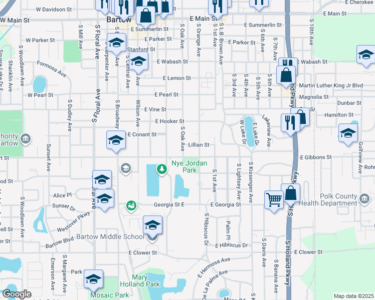 map of restaurants, bars, coffee shops, grocery stores, and more near 750 East Stuart Street in Bartow