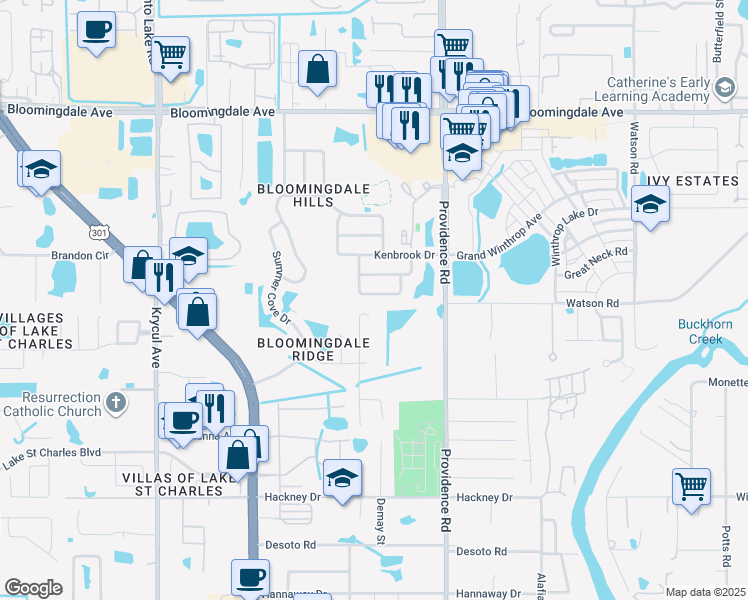 map of restaurants, bars, coffee shops, grocery stores, and more near 10919 Brucehaven Drive in Riverview