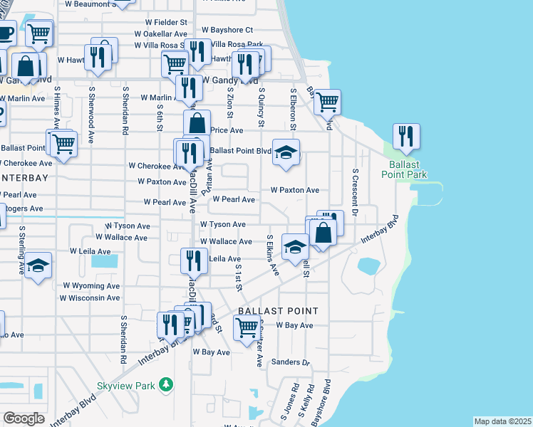 map of restaurants, bars, coffee shops, grocery stores, and more near 5312 South Quincy Street in Tampa