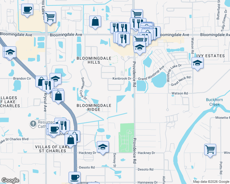 map of restaurants, bars, coffee shops, grocery stores, and more near 10923 Brucehaven Drive in Riverview