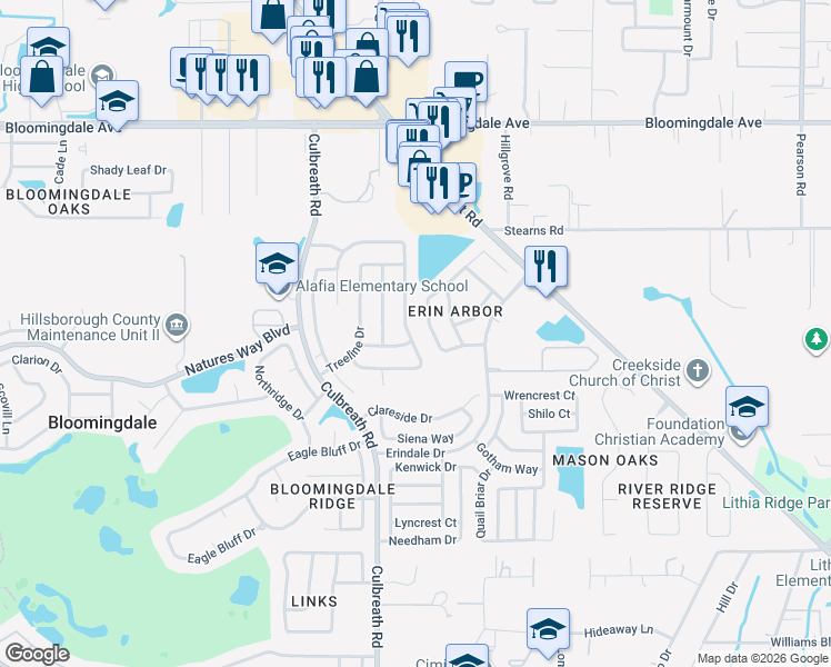 map of restaurants, bars, coffee shops, grocery stores, and more near 3736 Cold Creek Drive in Valrico