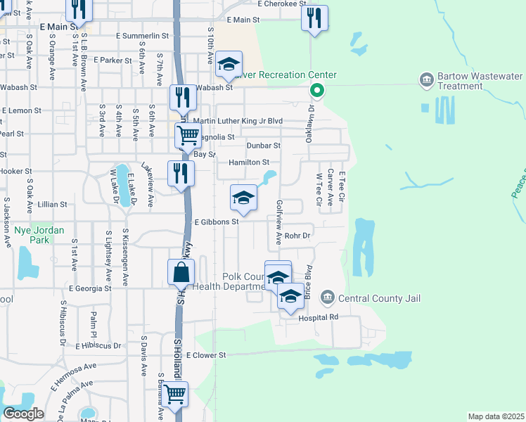 map of restaurants, bars, coffee shops, grocery stores, and more near 1860 East Gibbons Street in Bartow
