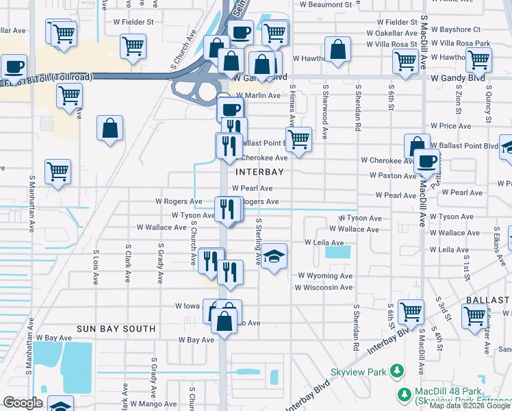 map of restaurants, bars, coffee shops, grocery stores, and more near 3602 West Rogers Avenue in Tampa