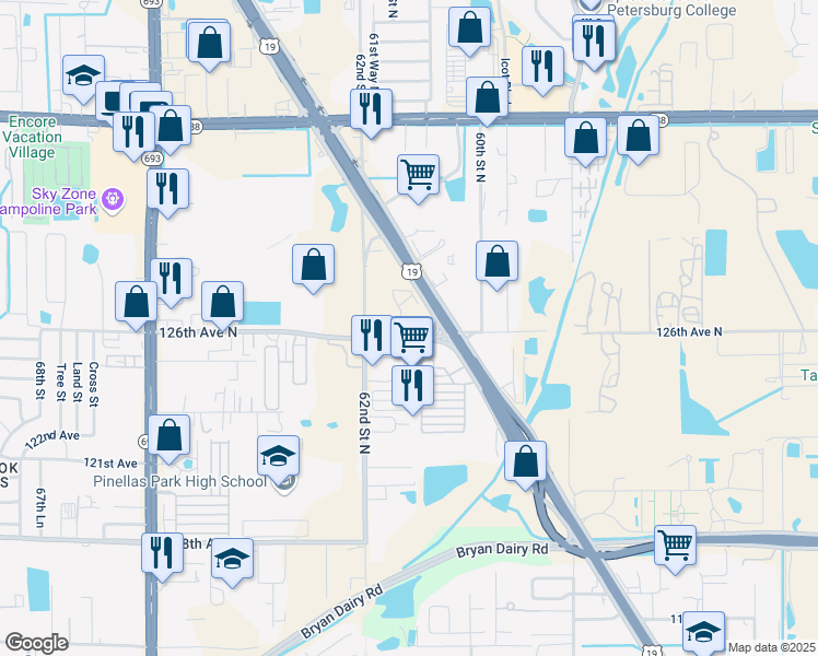 map of restaurants, bars, coffee shops, grocery stores, and more near 6103 126th Avenue North in Largo
