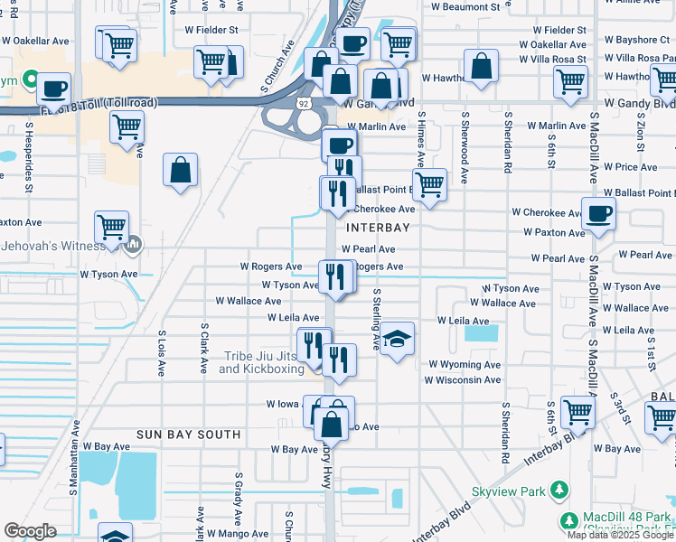 map of restaurants, bars, coffee shops, grocery stores, and more near in Tampa