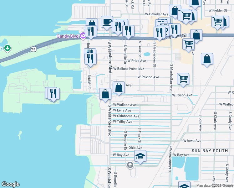 map of restaurants, bars, coffee shops, grocery stores, and more near 5400 South West Shore Boulevard in Tampa