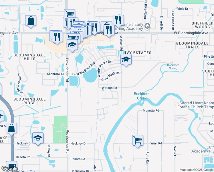 map of restaurants, bars, coffee shops, grocery stores, and more near 6509 Watson Road in Riverview