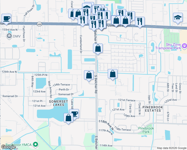 map of restaurants, bars, coffee shops, grocery stores, and more near 12552 Belcher Road in Largo