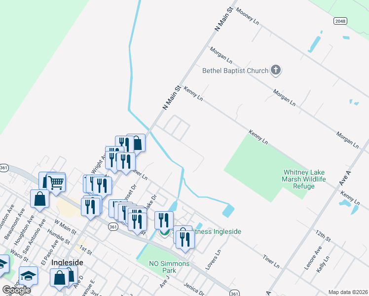 map of restaurants, bars, coffee shops, grocery stores, and more near 414 McCullough Lane in Ingleside