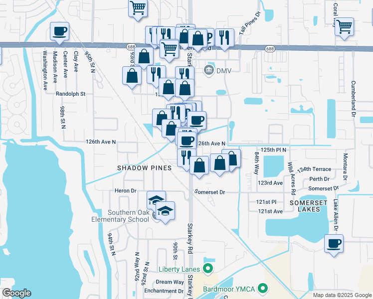 map of restaurants, bars, coffee shops, grocery stores, and more near 12554 Starkey Road in Largo