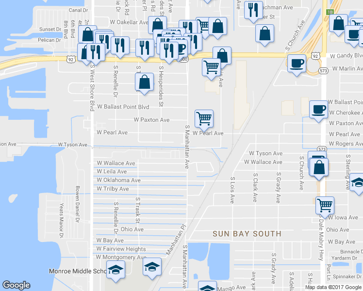 map of restaurants, bars, coffee shops, grocery stores, and more near 4412 Algonkin Court in Tampa