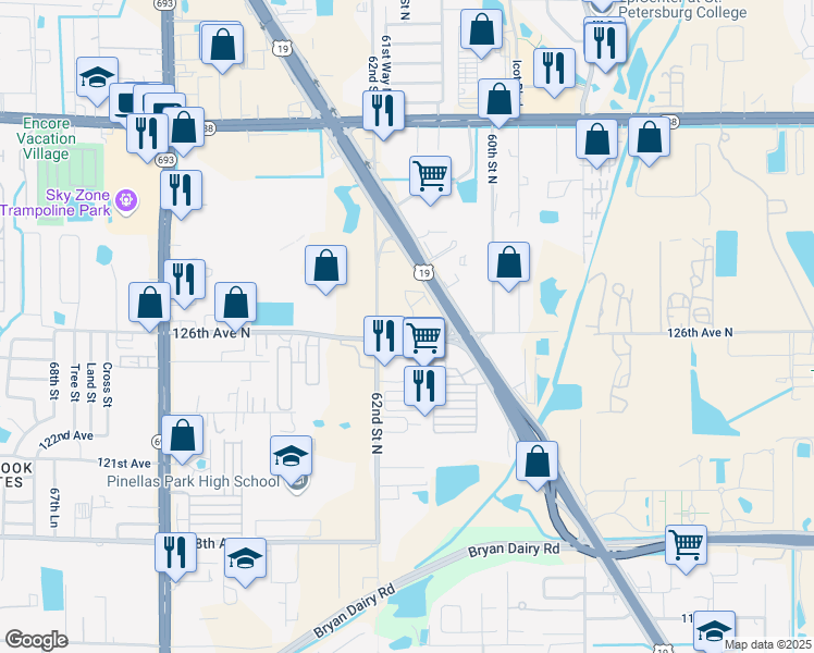 map of restaurants, bars, coffee shops, grocery stores, and more near 6103 126th Avenue North in Largo