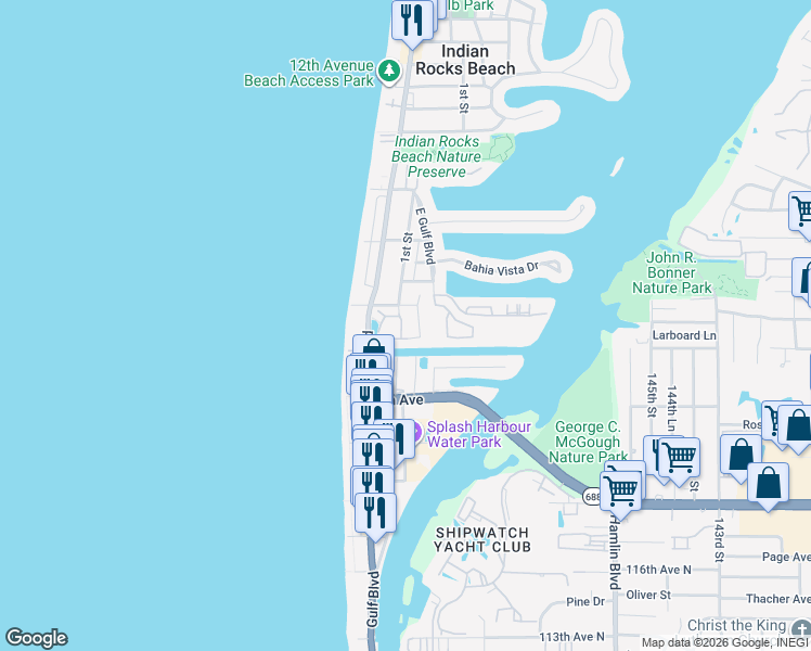 map of restaurants, bars, coffee shops, grocery stores, and more near 110 Haven Beach Drive in Indian Rocks Beach