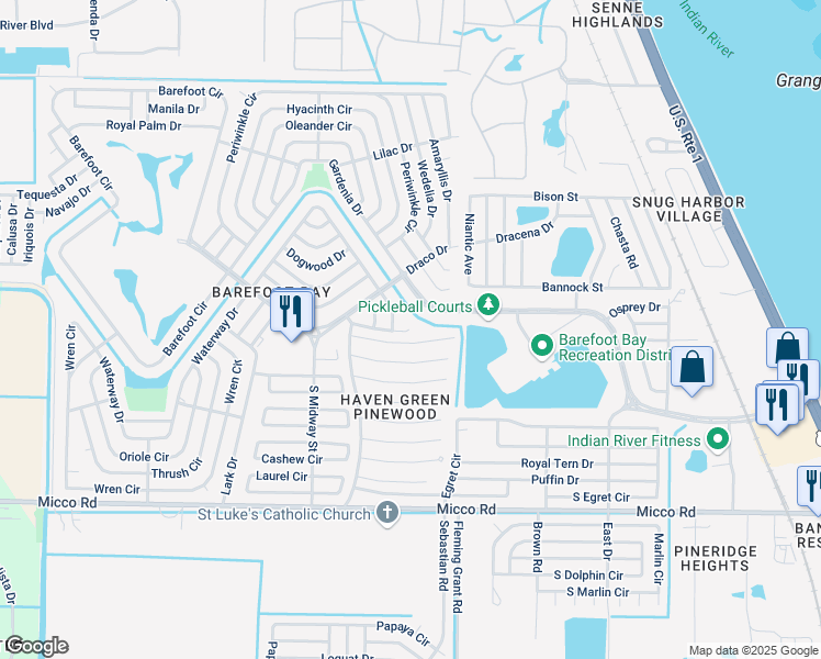 map of restaurants, bars, coffee shops, grocery stores, and more near 912 Fir Street in Micco