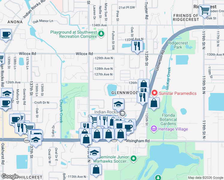 map of restaurants, bars, coffee shops, grocery stores, and more near 12501 Ulmerton Road in Largo