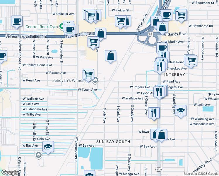 map of restaurants, bars, coffee shops, grocery stores, and more near 5307 South Lois Avenue in Tampa