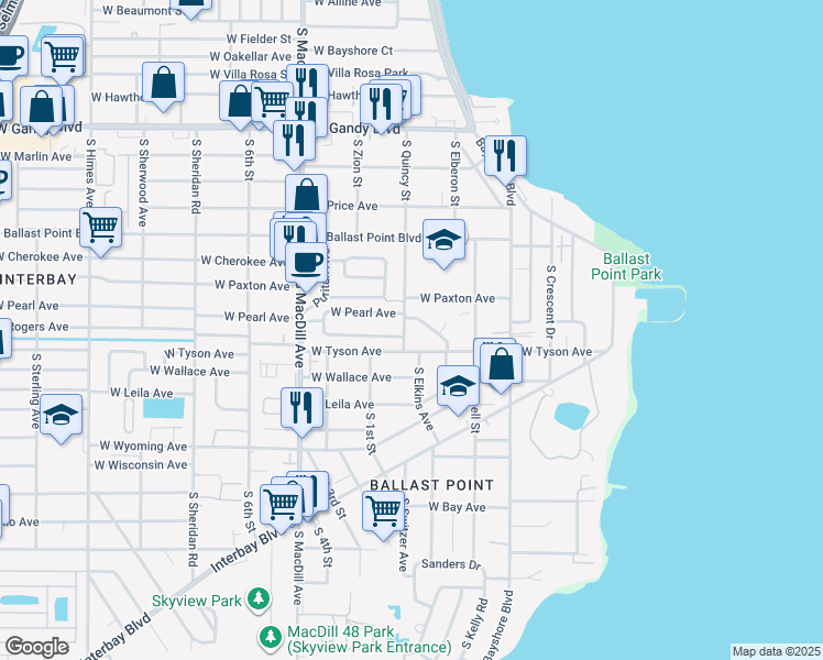 map of restaurants, bars, coffee shops, grocery stores, and more near 5312 South Quincy Street in Tampa