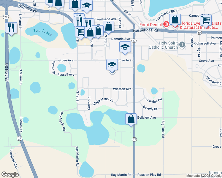 map of restaurants, bars, coffee shops, grocery stores, and more near 320 Winston Avenue in Lake Wales