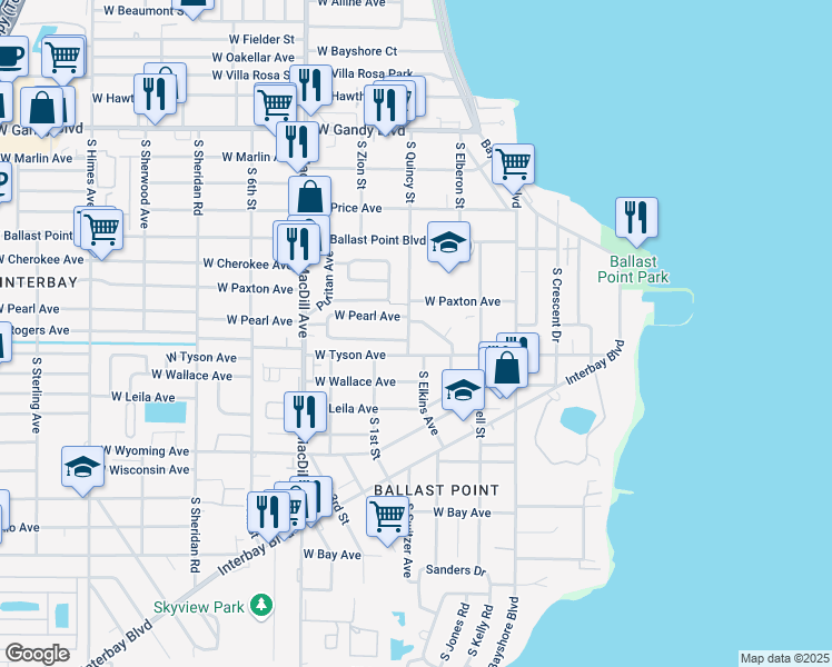 map of restaurants, bars, coffee shops, grocery stores, and more near 5312 South Quincy Street in Tampa