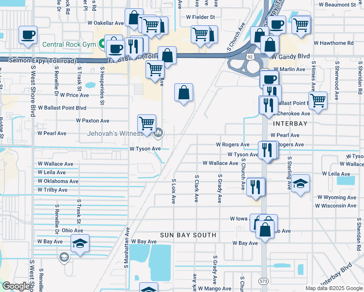 map of restaurants, bars, coffee shops, grocery stores, and more near 5307 South Lois Avenue in Tampa