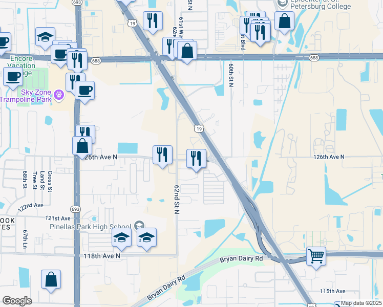 map of restaurants, bars, coffee shops, grocery stores, and more near 6103 126th Avenue North in Largo