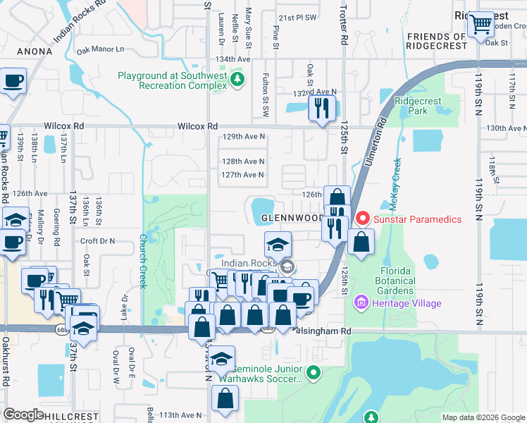 map of restaurants, bars, coffee shops, grocery stores, and more near 12501 Ulmerton Road in Largo