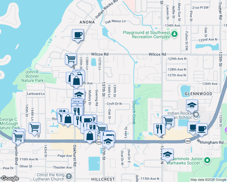map of restaurants, bars, coffee shops, grocery stores, and more near 12472 136th Street in Largo