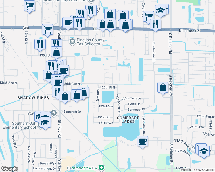 map of restaurants, bars, coffee shops, grocery stores, and more near 8385 125th Place North in Largo