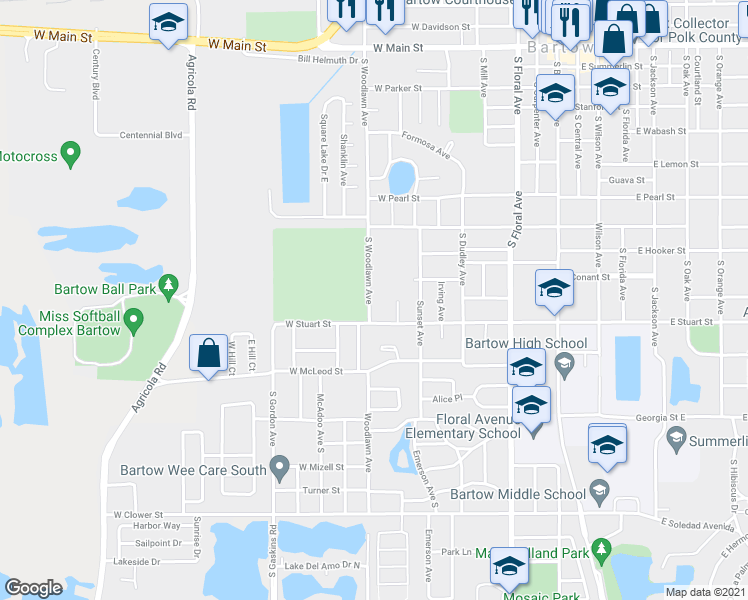 map of restaurants, bars, coffee shops, grocery stores, and more near 1060 South Woodlawn Avenue in Bartow