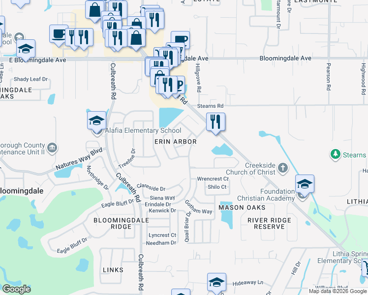 map of restaurants, bars, coffee shops, grocery stores, and more near 2306 Colusa Lane in Valrico