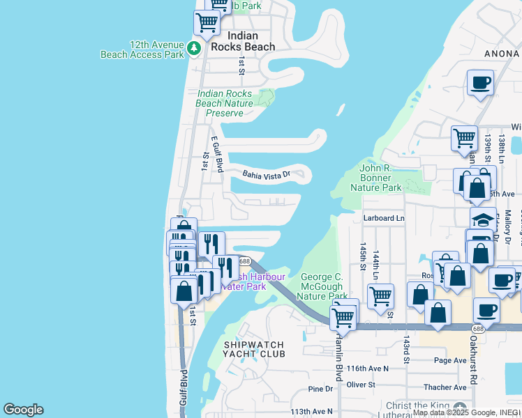 map of restaurants, bars, coffee shops, grocery stores, and more near 101 Windrush Boulevard in Indian Rocks Beach