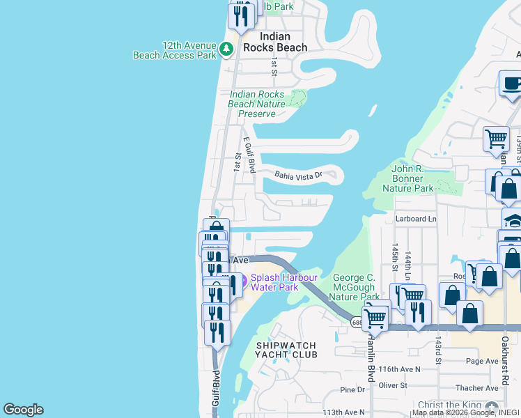 map of restaurants, bars, coffee shops, grocery stores, and more near 609 2nd Street in Indian Rocks Beach