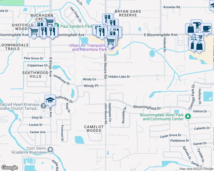 map of restaurants, bars, coffee shops, grocery stores, and more near 102 Windy Place in Brandon