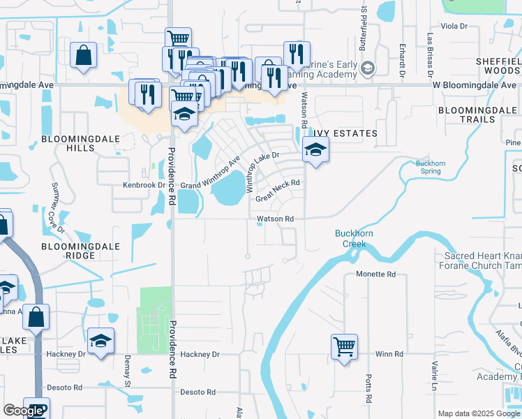 map of restaurants, bars, coffee shops, grocery stores, and more near 6509 Watson Road in Riverview