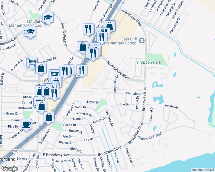map of restaurants, bars, coffee shops, grocery stores, and more near 201 Northshore Boulevard in Portland