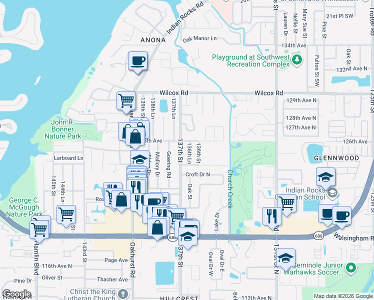 map of restaurants, bars, coffee shops, grocery stores, and more near 12530 136th Lane in Largo