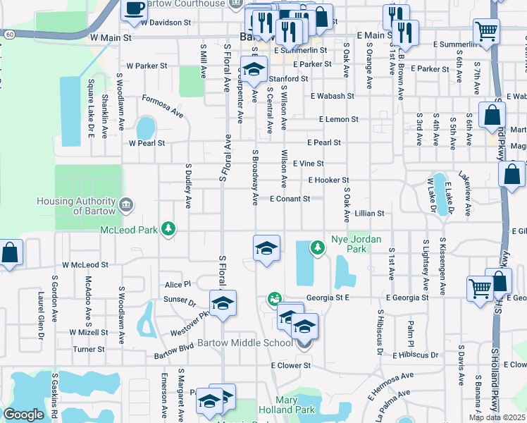 map of restaurants, bars, coffee shops, grocery stores, and more near 1010 South Broadway Avenue in Bartow