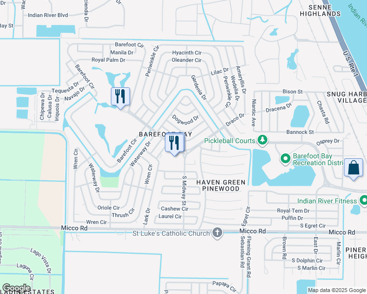 map of restaurants, bars, coffee shops, grocery stores, and more near 934 Barefoot Boulevard in Sebastian